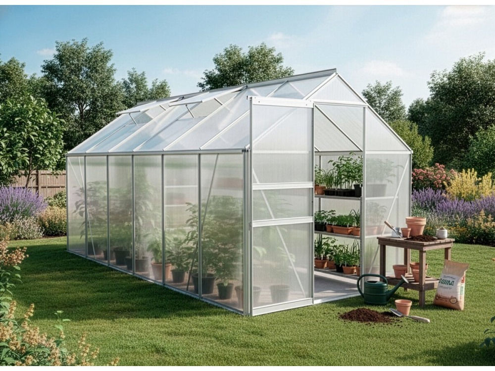 Galvanized steel base for "Basilic" garden greenhouse - 7.03 m² - Grey