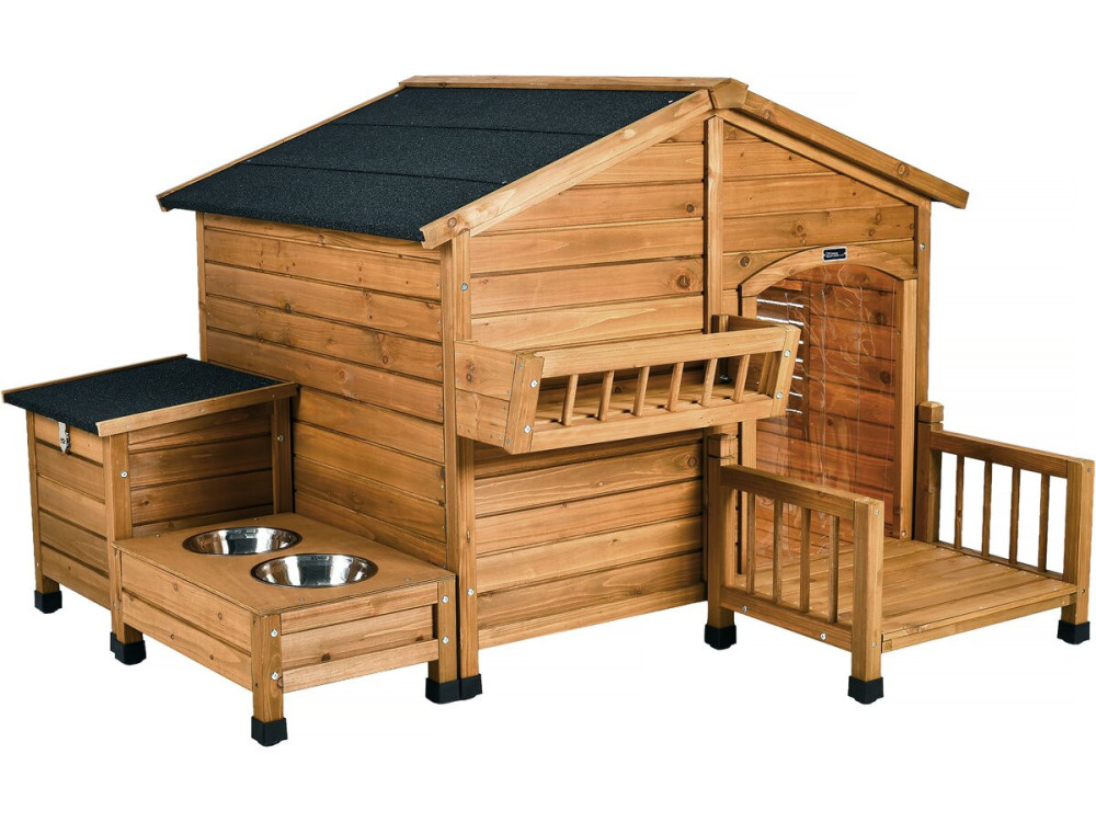 Wooden dog house with feeder and storage box "Rusty" - 151 x 138 x 100 cm - Brown