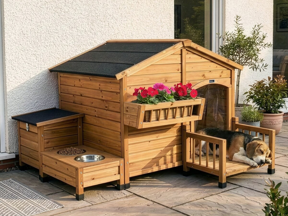 Wooden dog house with feeder and storage box "Rusty" - 151 x 138 x 100 cm - Brown