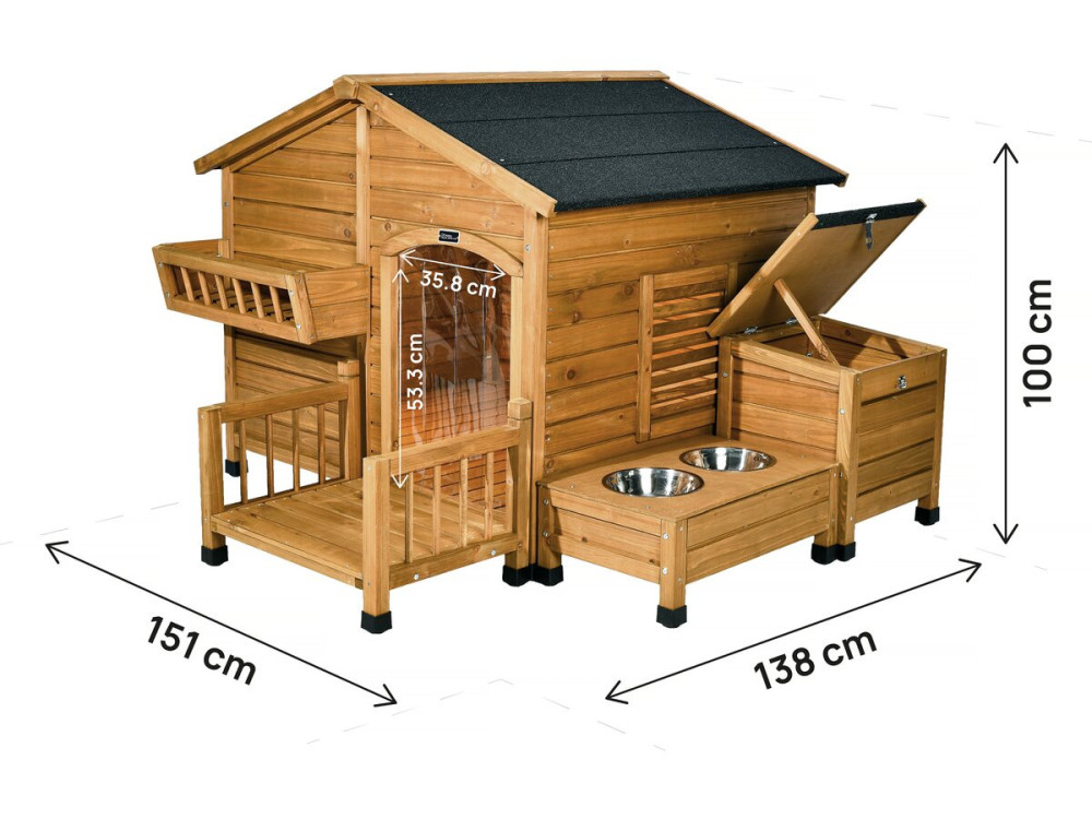 Wooden dog house with feeder and storage box "Rusty" - 151 x 138 x 100 cm - Brown