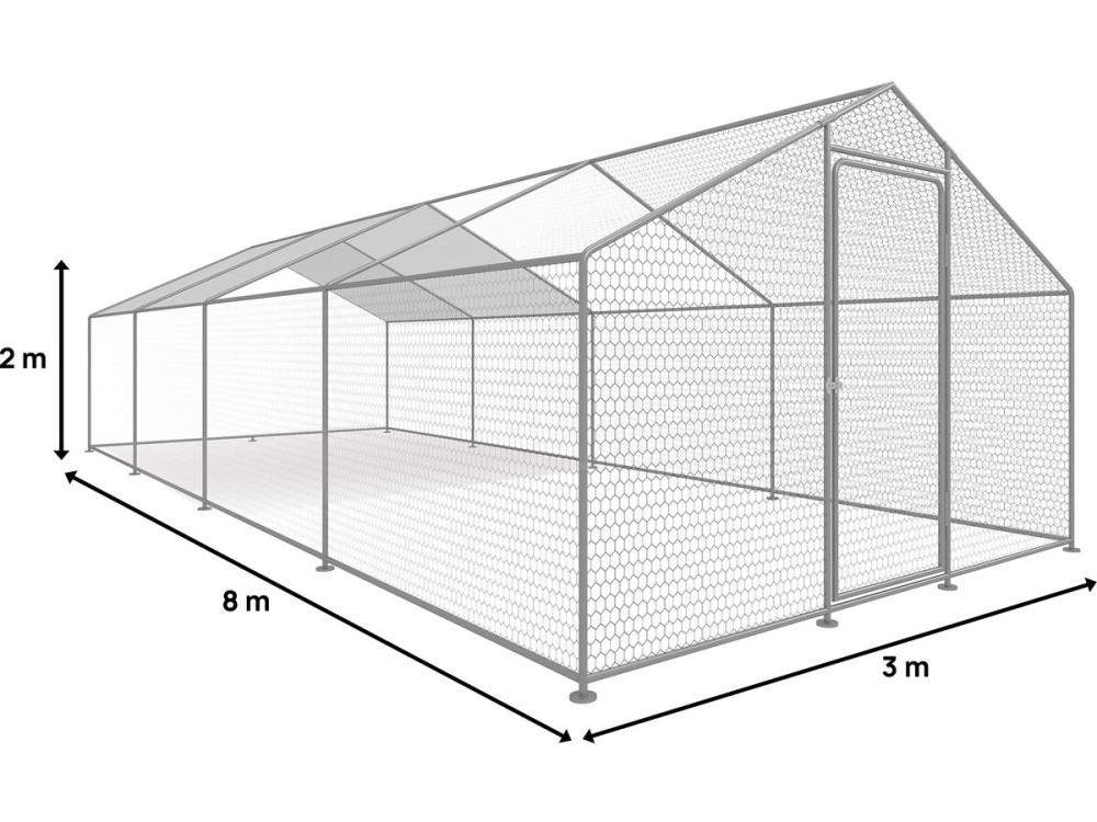 Hen pen 24 m² wire mesh 8 x 3 x 2 M galvanized steel