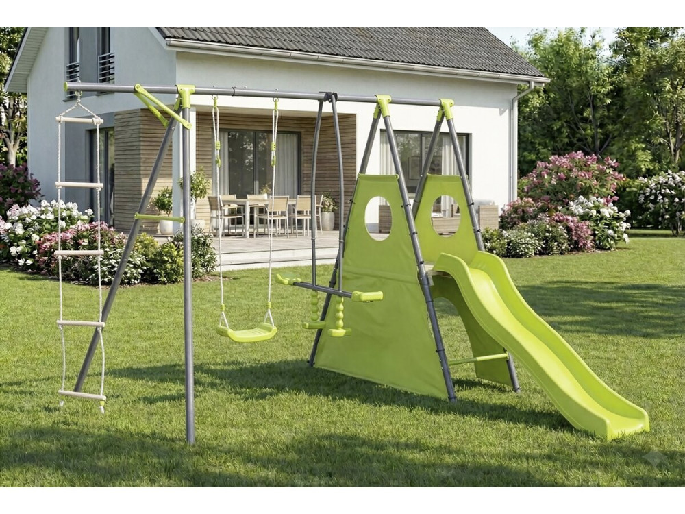Dany" metal play structure with slide - 5 apparatus - Green