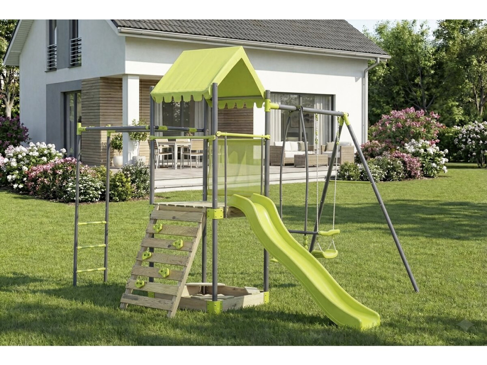 Lucien" metal swing playground with slide and sandbox - Green