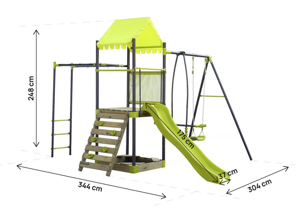 Lucien" metal swing playground with slide and sandbox - Green