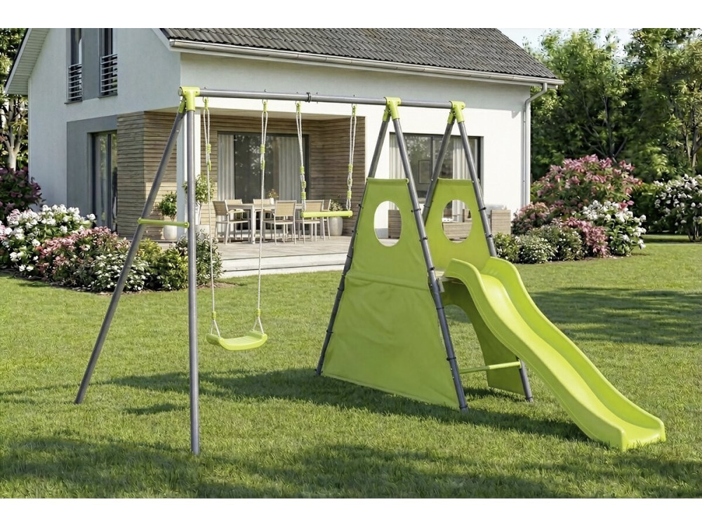 Kylian" metal play structure with slide - 4 apparatus - Green