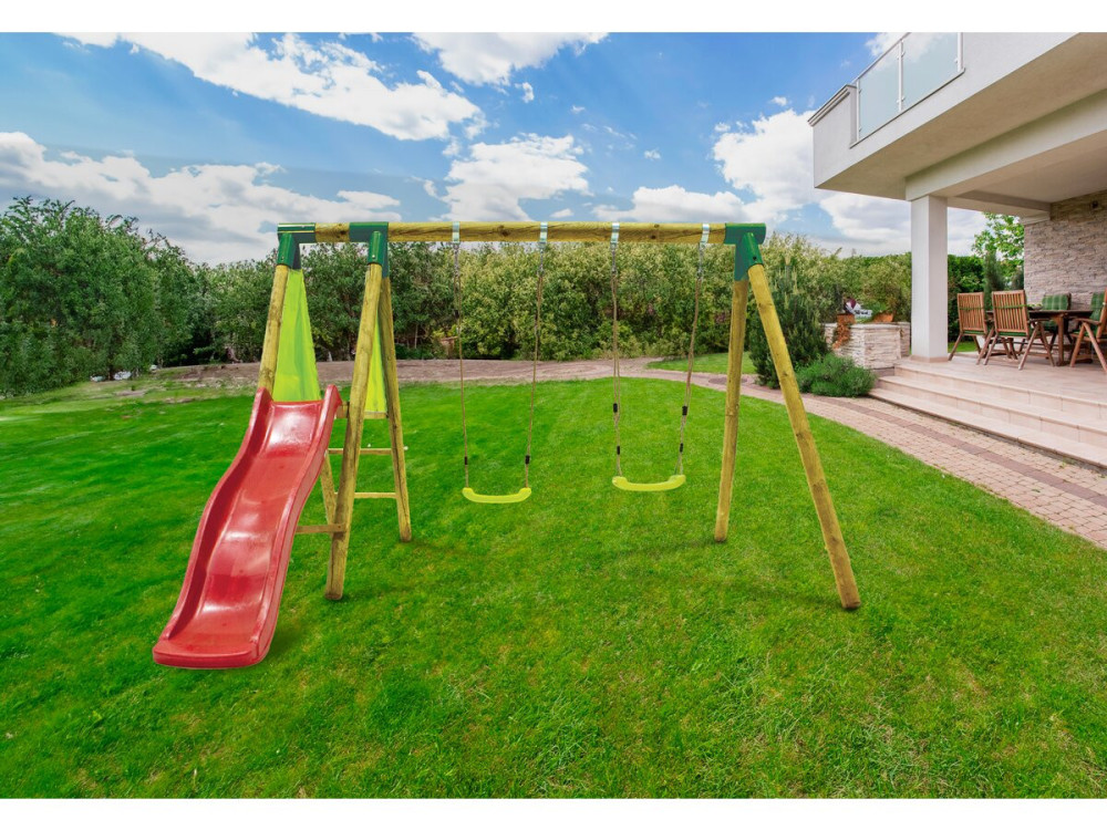 Wooden swing "Balanga" - With 1 slide and 2 swings.