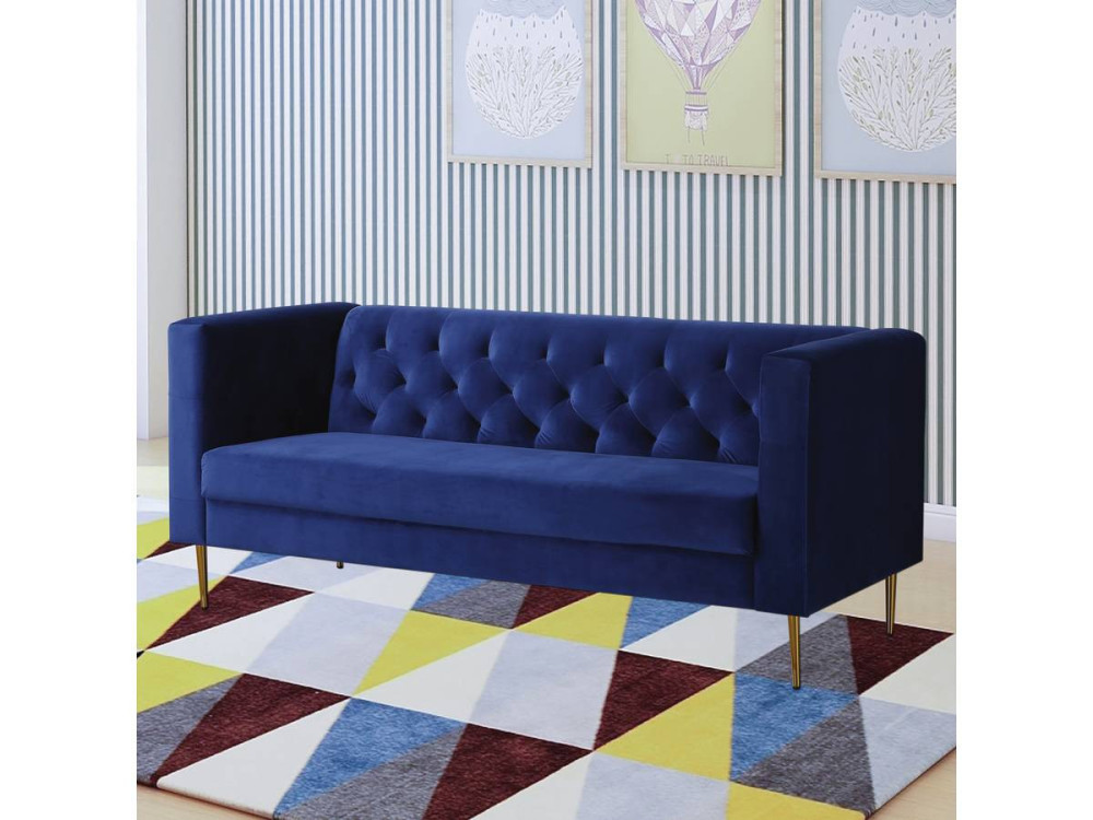 Fixed velvet sofa "Bruce" - 196 x 76 x 82 cm - 3 seater - Dark blue