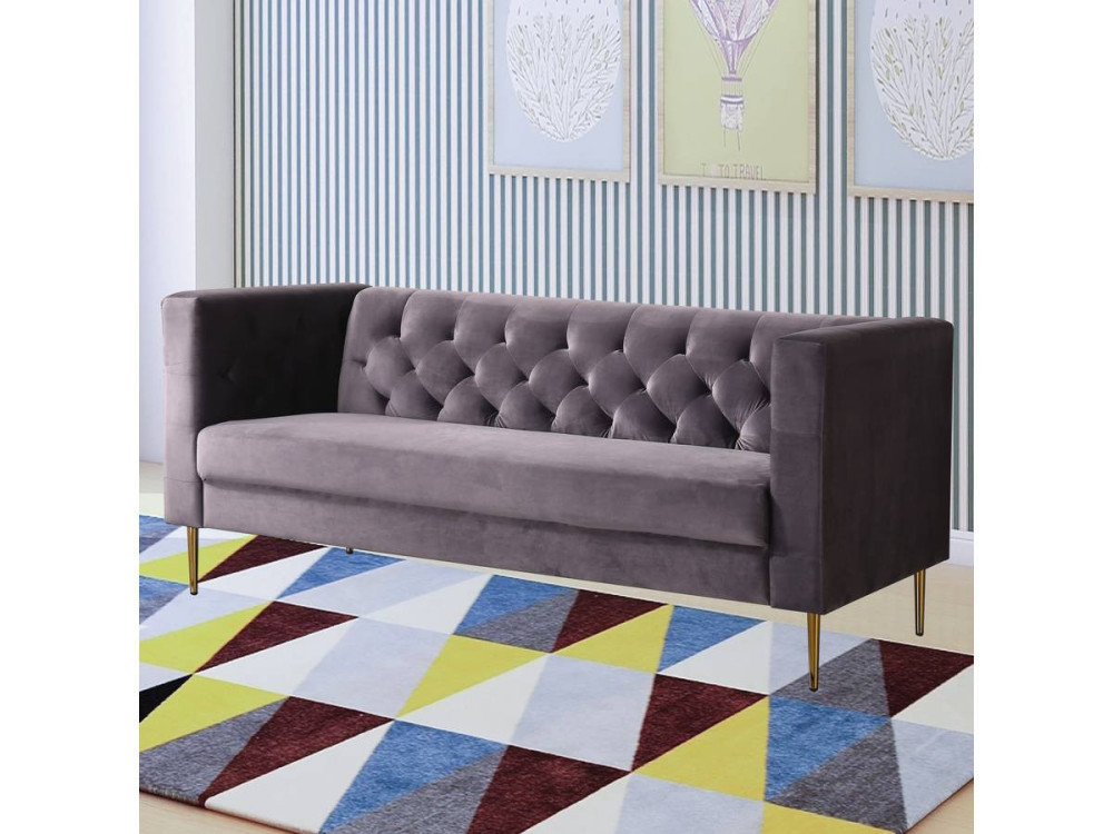 Fixed velvet sofa "Bruce" - 196 x 76 x 82 cm - 3 seater - Grey