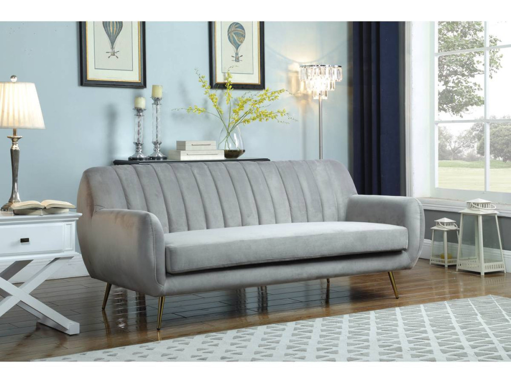 Fixed velvet sofa "Evans" - 195 x 84 x 82 cm - 3 seater - Grey