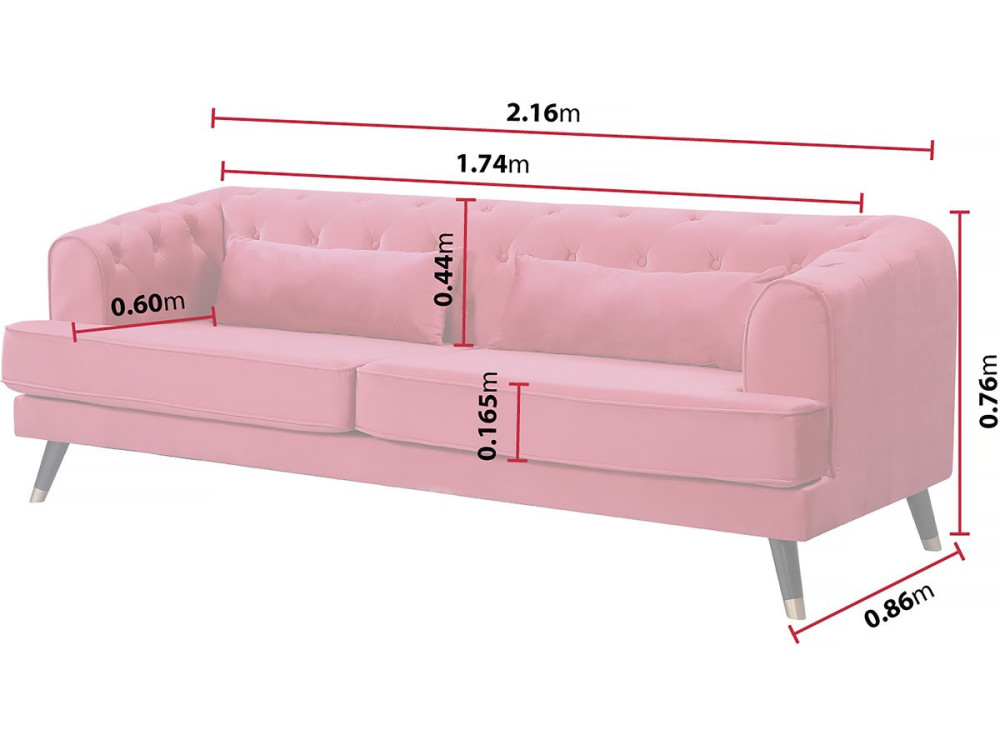 Canapé fixe en velours "Gloria" - 216 x 86 x 76 cm - 3 places - Red