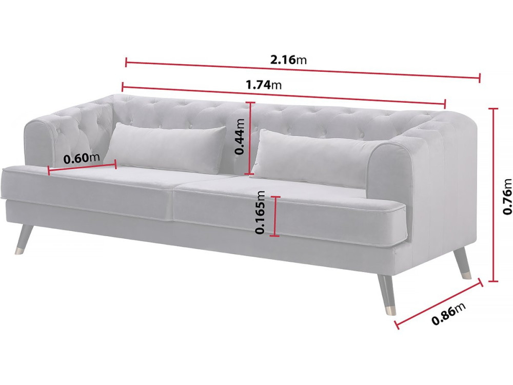 Canapé fixe en velours "Gloria" - 216 x 86 x 76 cm - 3 places - Gray