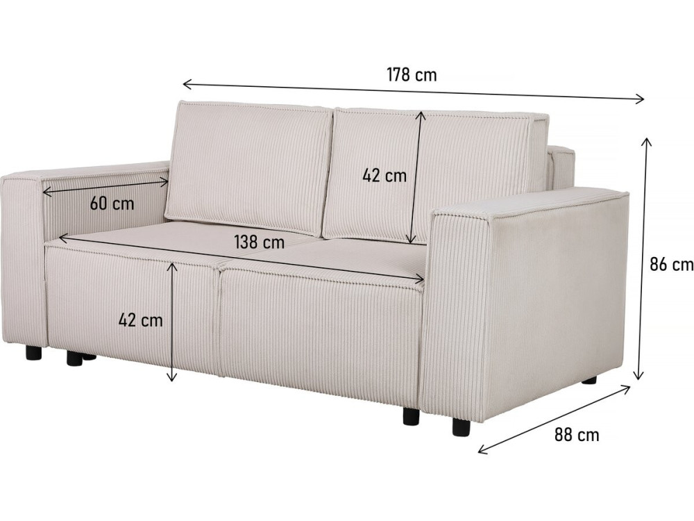 Montaigne S" straight corduroy sofa bed - 2 seater - Beige