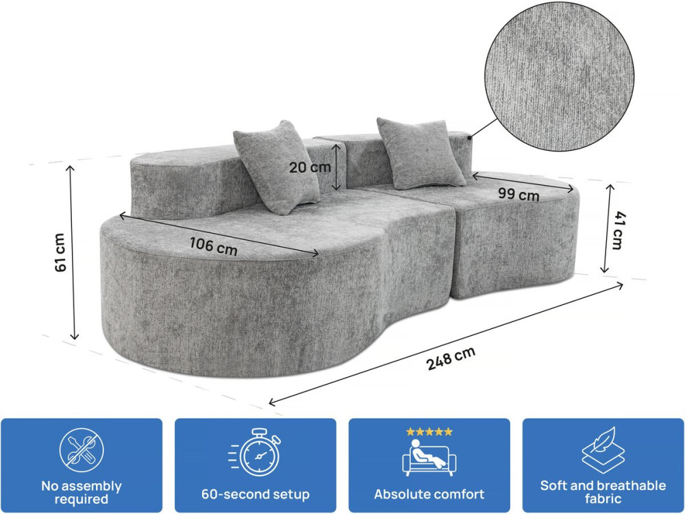Avola" comma sofa in textured fabric - 3 seater - Grey