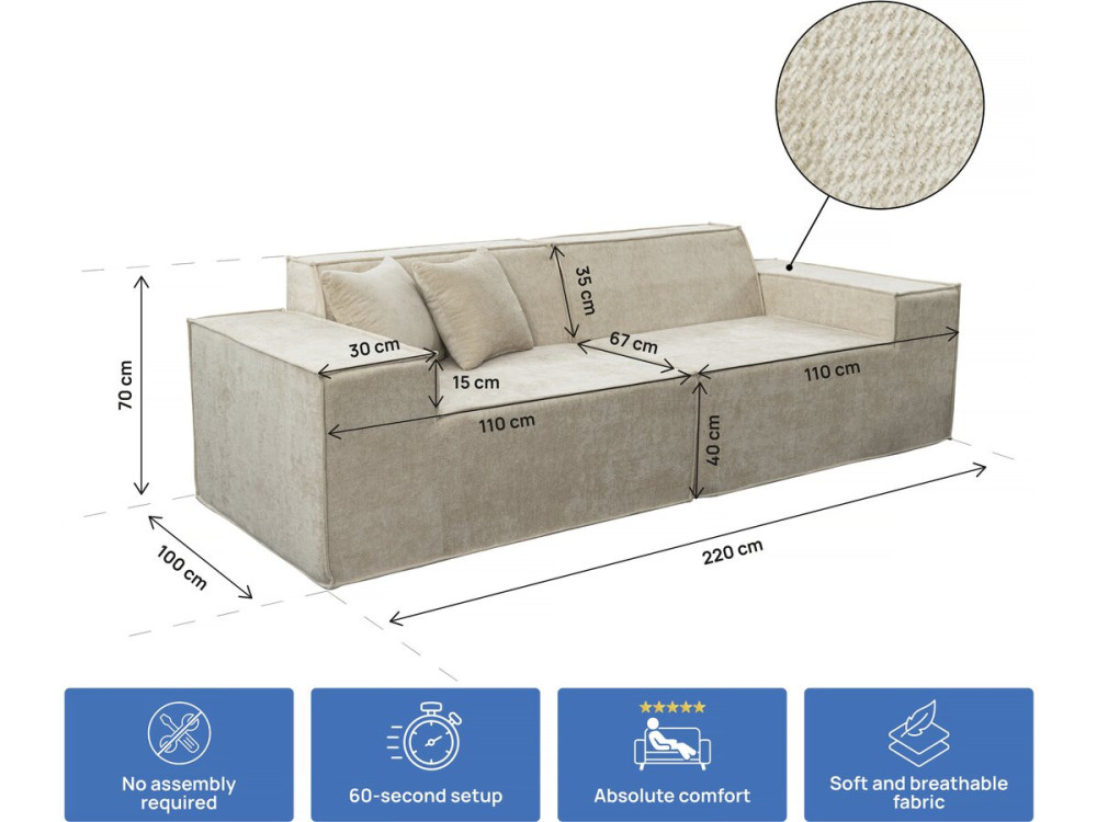 Modular upright sofa in textured fabric "Lusso" - 3 seater - Beige