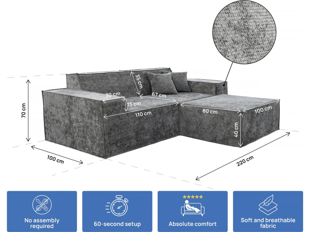 Lusso" modular sofa with ottoman in textured fabric - 3 seater - Grey