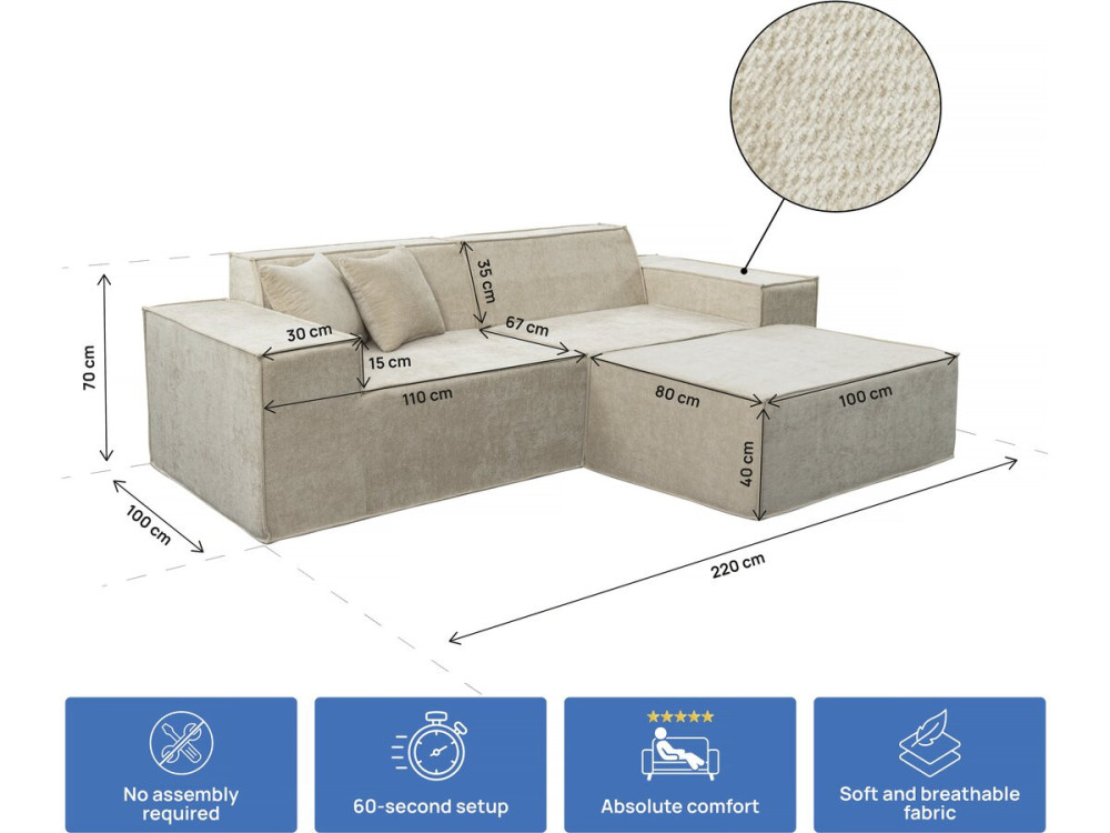 Modular sofa with ottoman in textured fabric "Lusso" - 3 seater - Beige