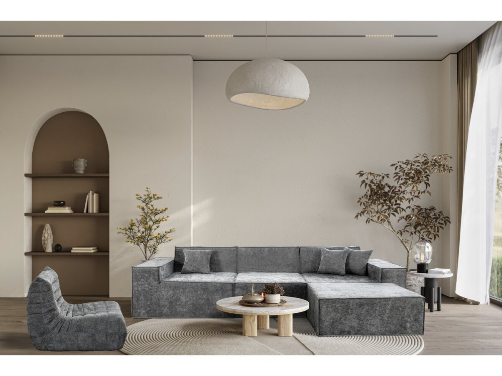 Lusso" modular sofa with ottoman in textured fabric - 4 seater - Grey