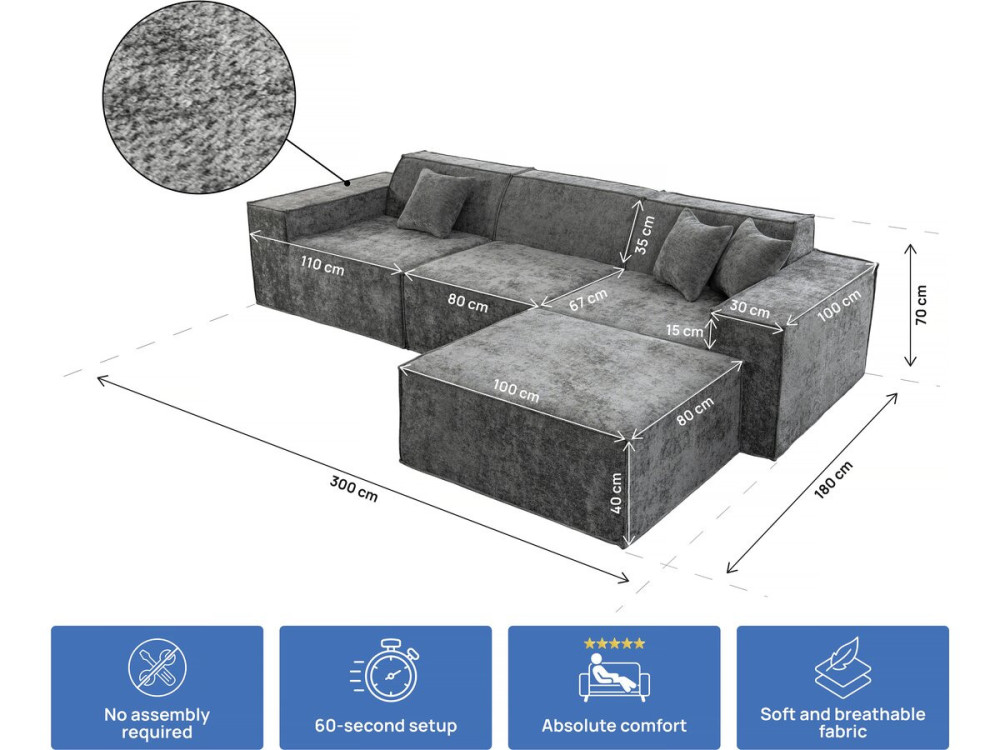 Lusso" modular sofa with ottoman in textured fabric - 4 seater - Grey