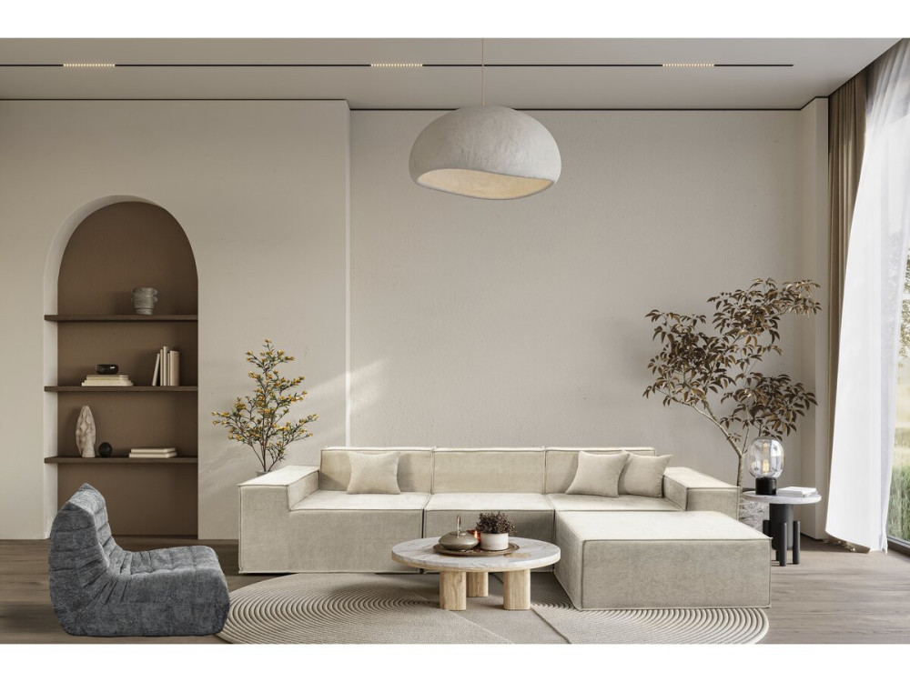 Modular sofa with ottoman in textured fabric "Lusso" - 4 seater - Beige