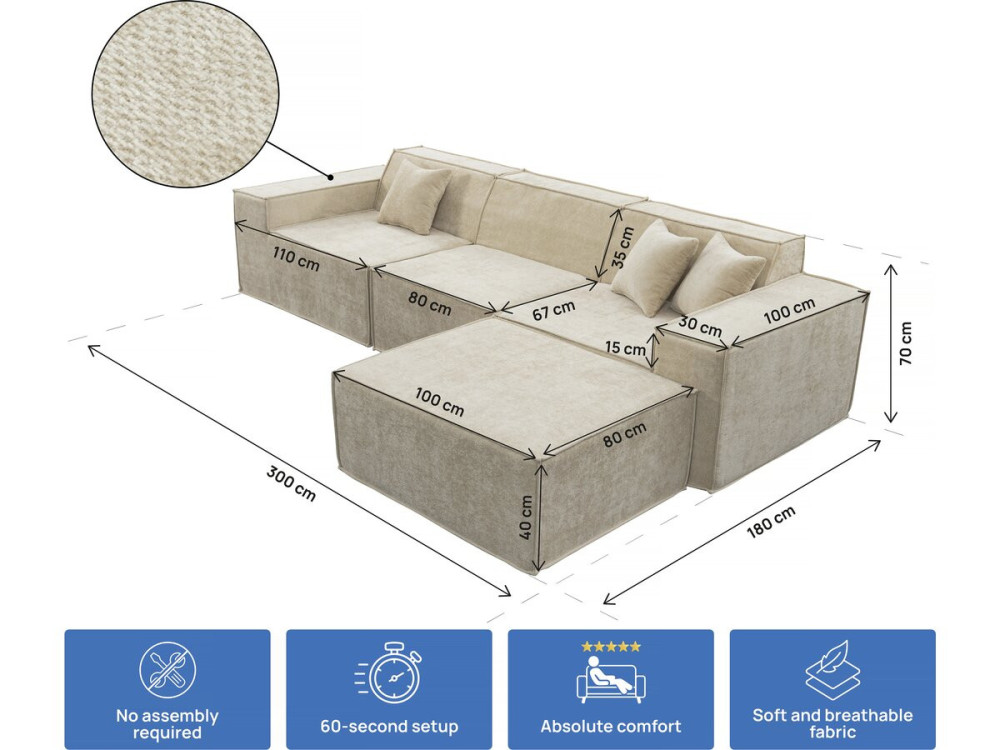 Modular sofa with ottoman in textured fabric "Lusso" - 4 seater - Beige