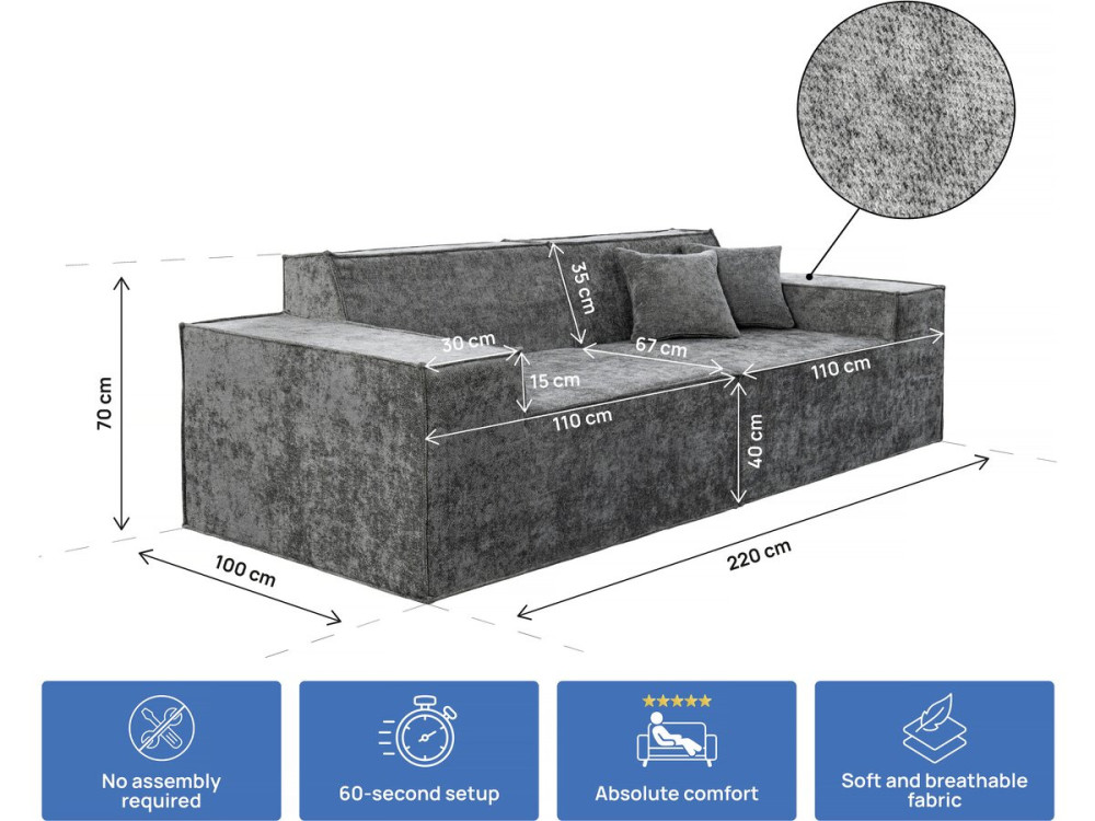 Lusso" modular upright sofa in textured fabric - 3 seater - Grey