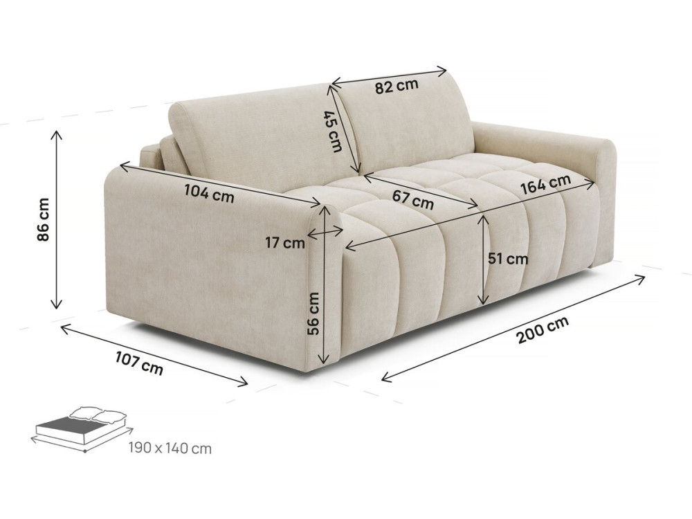 Express convertible sofa bed "Isadora" - Mattress 18 cm - Bedding 140 cm - 3 seater - Beige