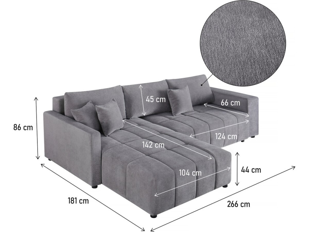 Convertible corner sofa in chenille fabric for 3 people - "Trocadero" - Grey