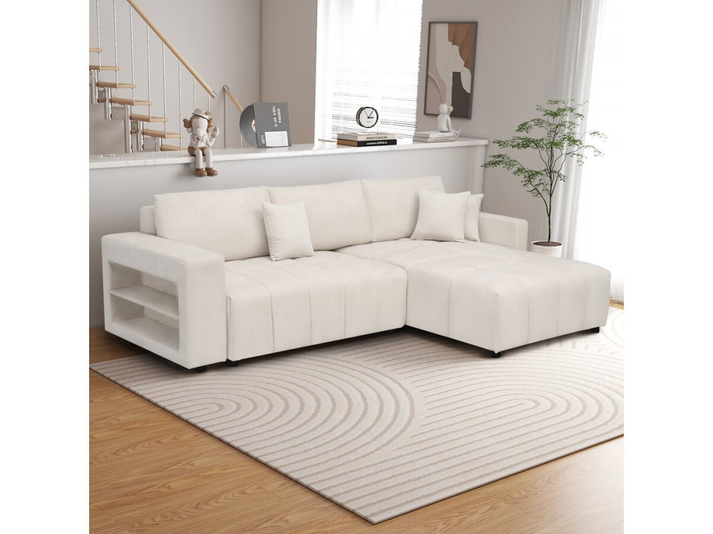 3-seater chenille fabric convertible corner sofa - "Trocadero" - Cream