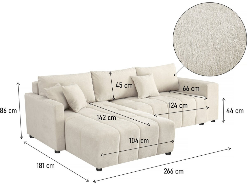 3-seater chenille fabric convertible corner sofa - "Trocadero" - Cream
