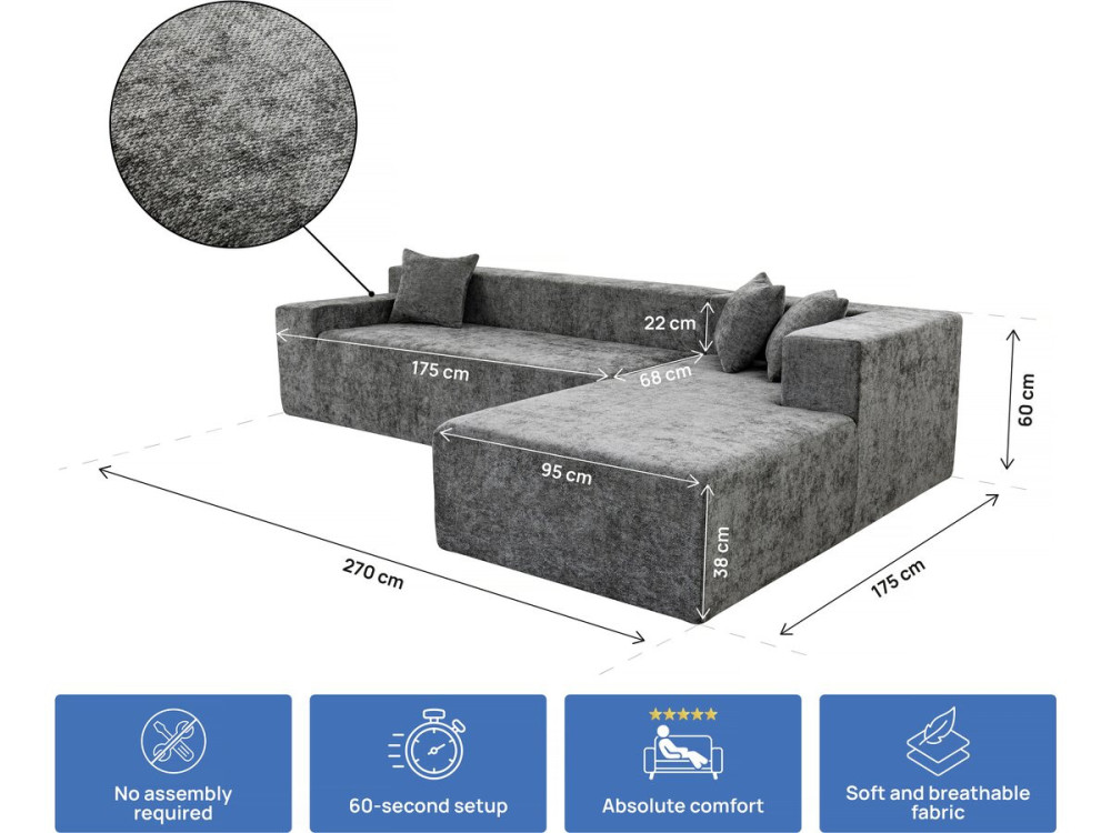 Tessaro" textured fabric corner sofa - 4 seater - Grey