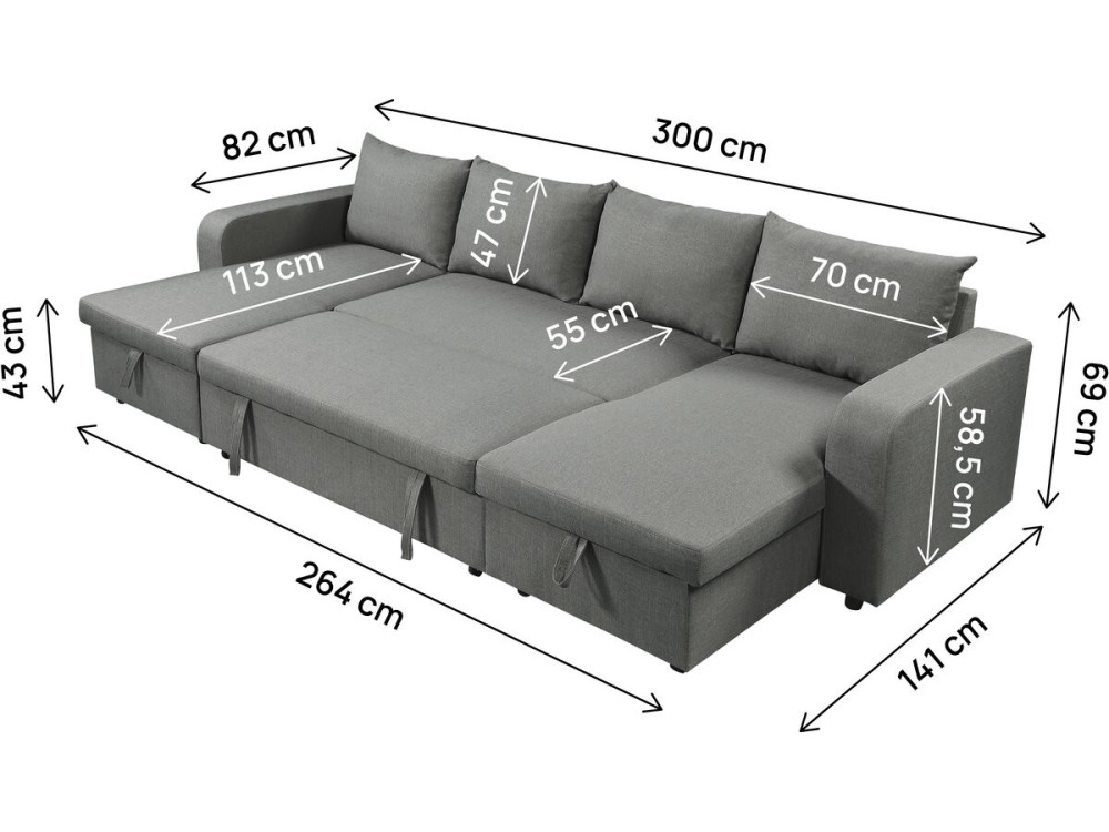 Victor" panoramic fabric corner sofa bed - 4 seater - Grey