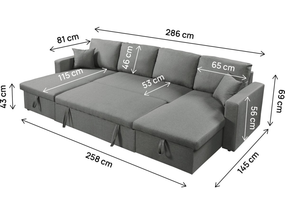 Alain" panoramic fabric corner sofa bed - 4 seater - Grey
