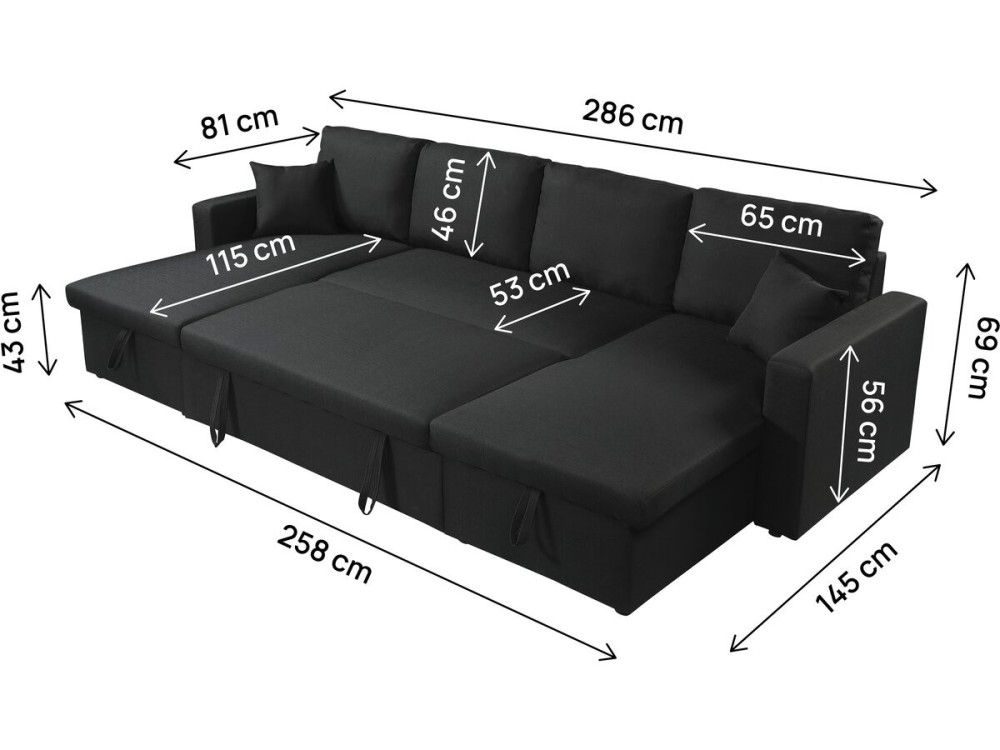 Alain" panoramic fabric corner sofa bed - 4 seater - Black