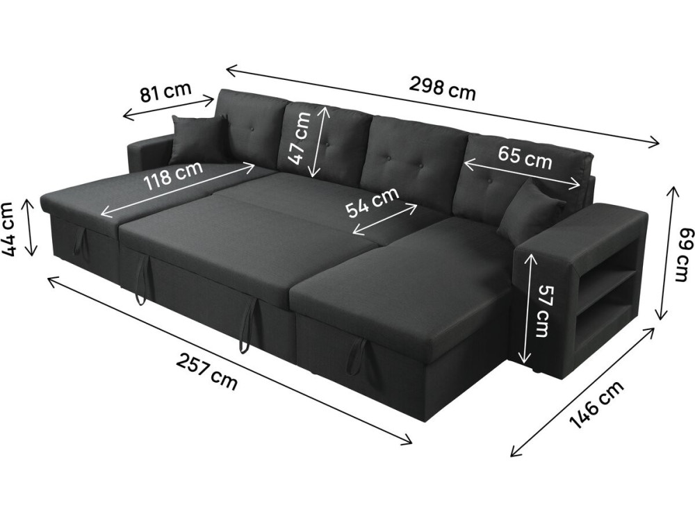 Axel" panoramic fabric corner sofa bed - 4 seater - Black