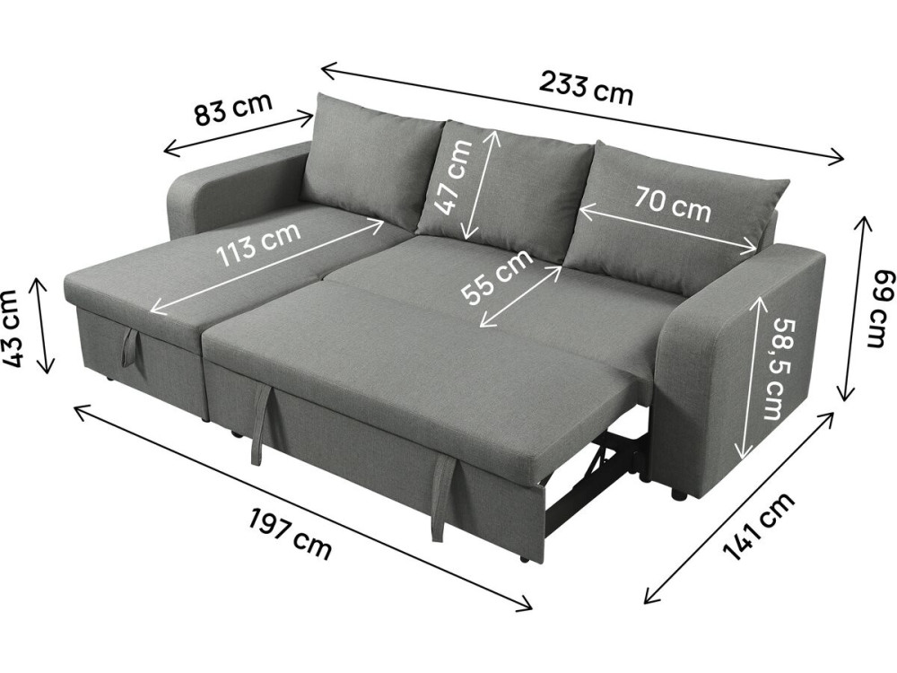 Victor" fabric reversible/convertible corner sofa - 3 seater - Grey