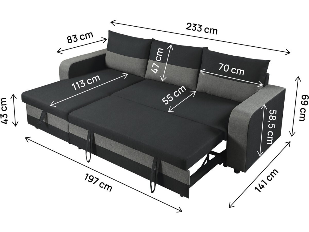 Victor" fabric reversible/convertible corner sofa - 3 seater - Black