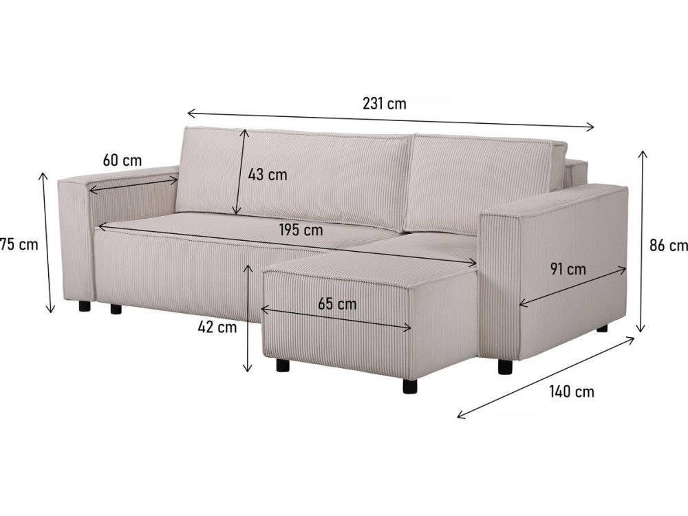 Montaigne S" corduroy corner sofa - 3 seater - Beige