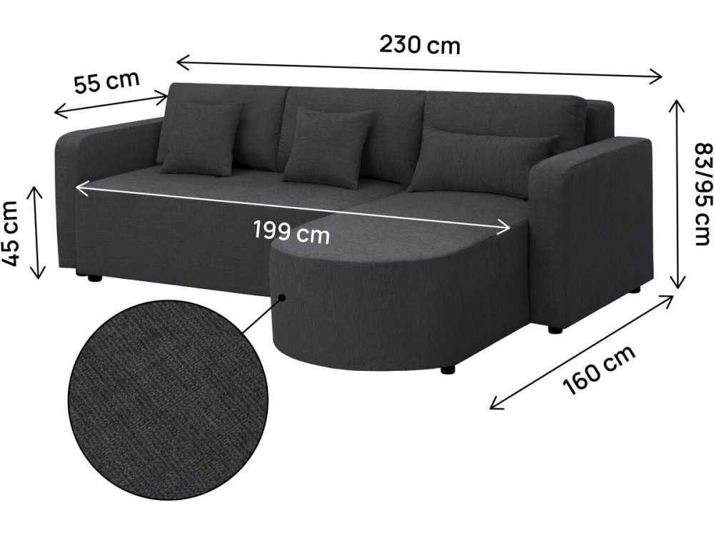 Charles" fabric corner convertible/reversible sofa - 3 seater - Black