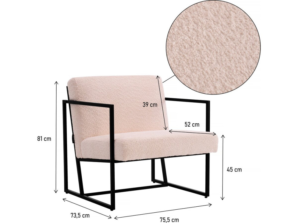 Kennedy armchair in velvet and metal - 73.5 x 75.5 x 81 cm - Cream