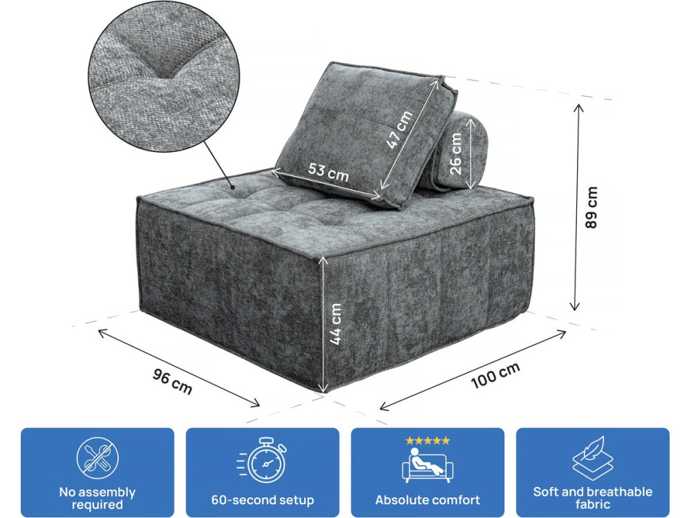 Fireside chair in "Velluto" textured fabric - 96 x 100 x 89 cm - Grey