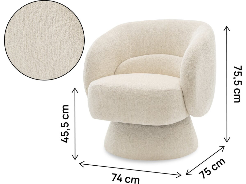 Franklin" swivel armchair in bouclette fabric - 74 x 75 x 75 cm - Beige