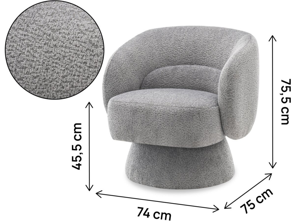Franklin" swivel armchair in bouclette fabric - 74 x 75 x 75 cm - Grey