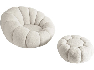 Élysée" bubble armchair with pouffe in bouclette fabric - Cream