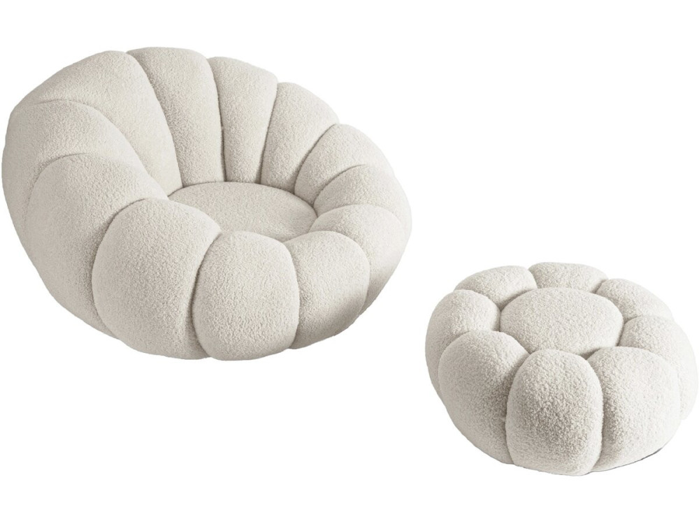 Élysée" bubble armchair with pouffe in bouclette fabric - Cream