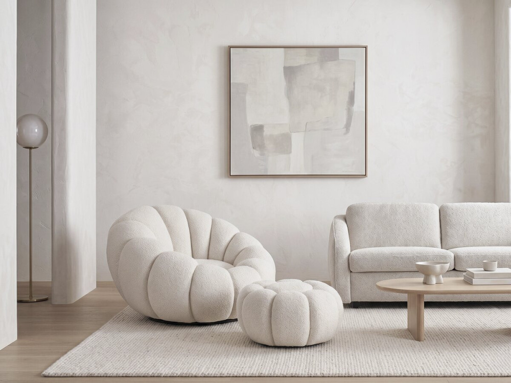 Élysée" bubble armchair with pouffe in bouclette fabric - Cream