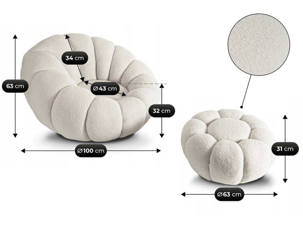 Élysée" bubble armchair with pouffe in bouclette fabric - Cream