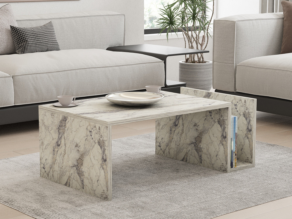 Memo" wooden coffee table - 86 x 50 x 32 cm - Freesia marble