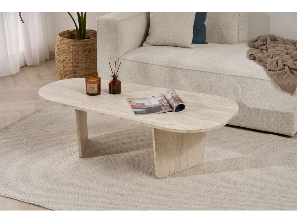 Ovalis" wooden coffee table - 130 x 65 x 40 cm - Travertine