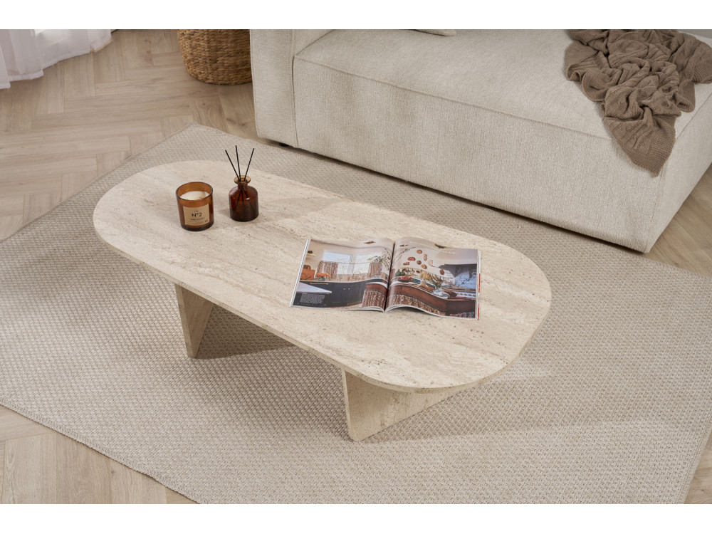 Ovalis" wooden coffee table - 130 x 65 x 40 cm - Travertine