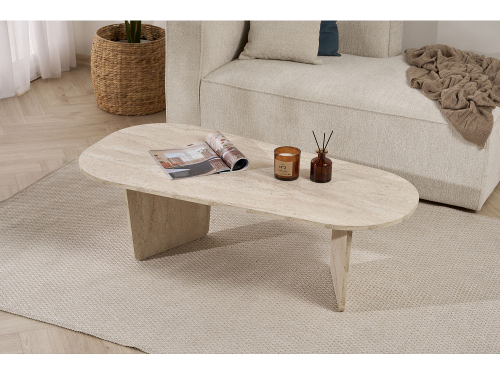 Ovalis" wooden coffee table - 130 x 65 x 40 cm - Travertine